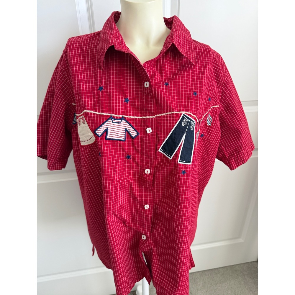 VTG Bobbie Brooks Woman Red Grid Clothesline Applique Button Down Shirt 18W/20W